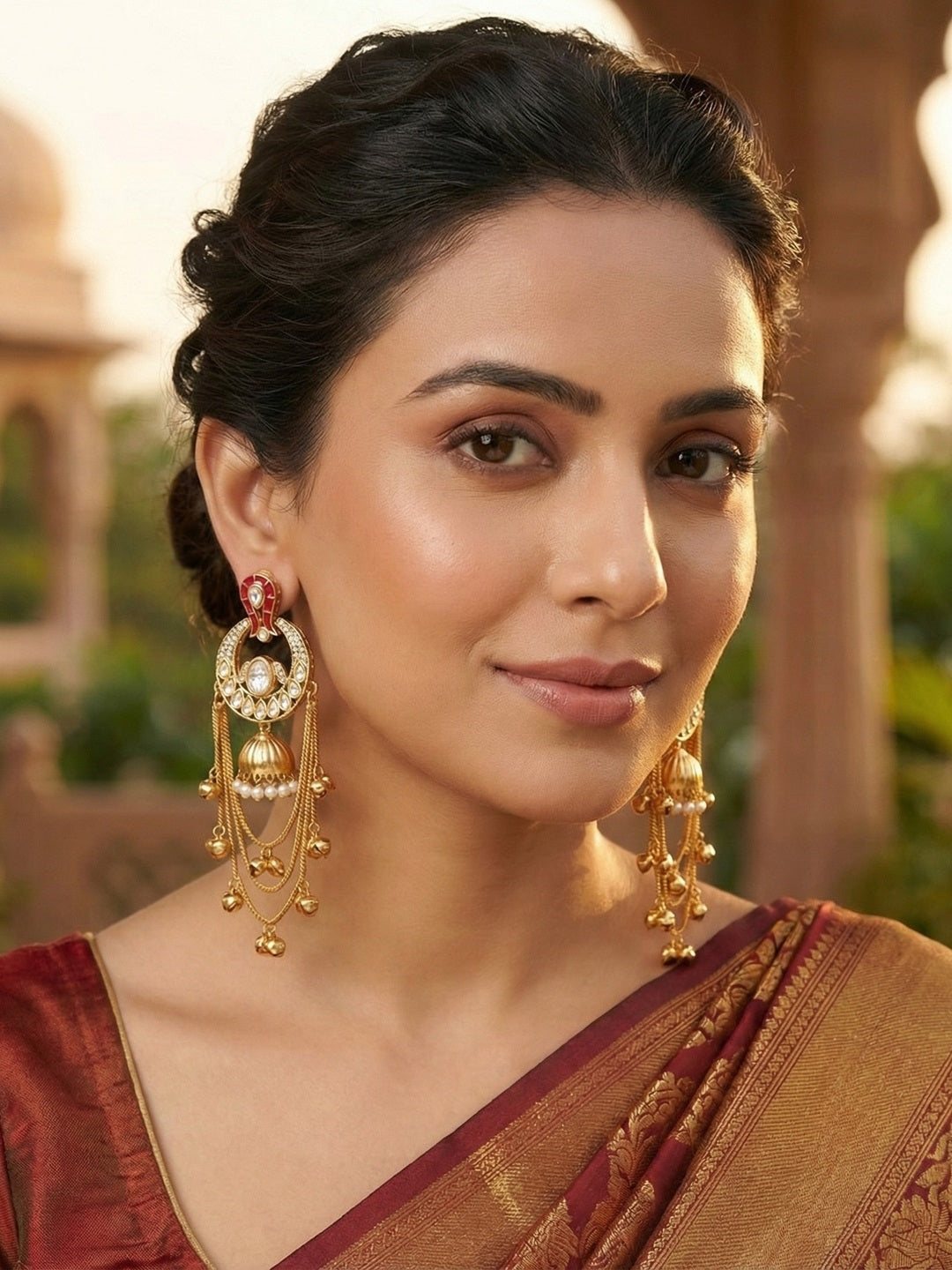 Traditional Gold-Plated Kashmiri Drop Earrings with Pearl Accents