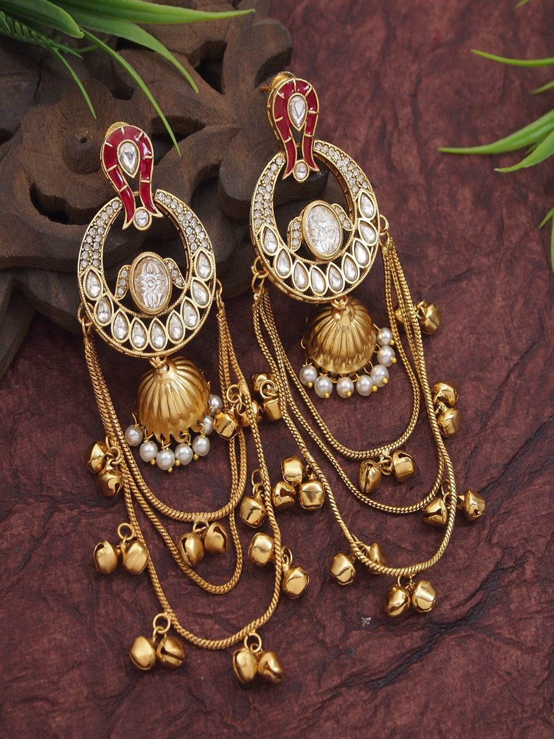 Traditional Gold-Plated Kashmiri Drop Earrings with Pearl Accents