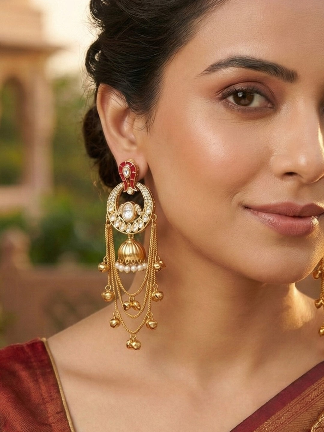 Traditional Gold-Plated Kashmiri Drop Earrings with Pearl Accents