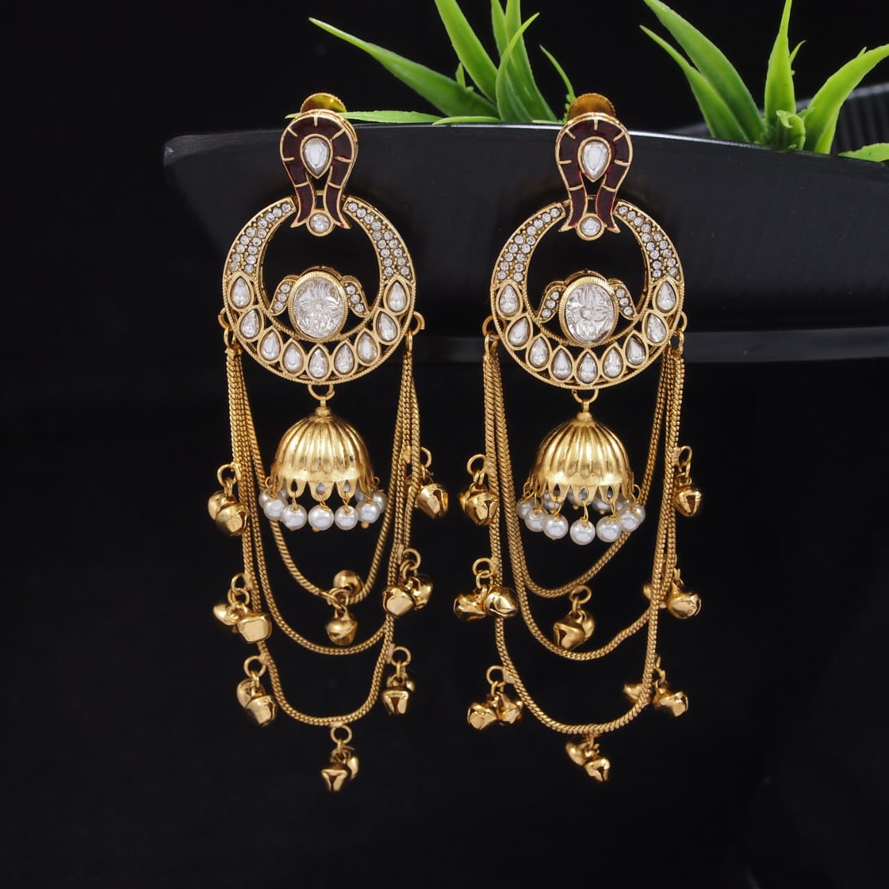 Traditional Gold-Plated Kashmiri Drop Earrings with Pearl Accents