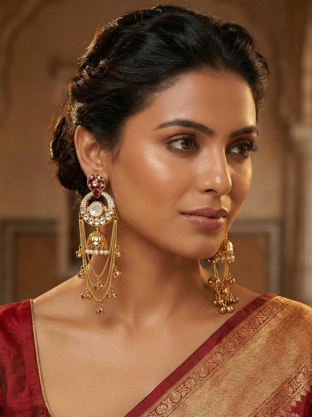 Traditional Gold-Plated Kashmiri Drop Earrings with Pearl Accents