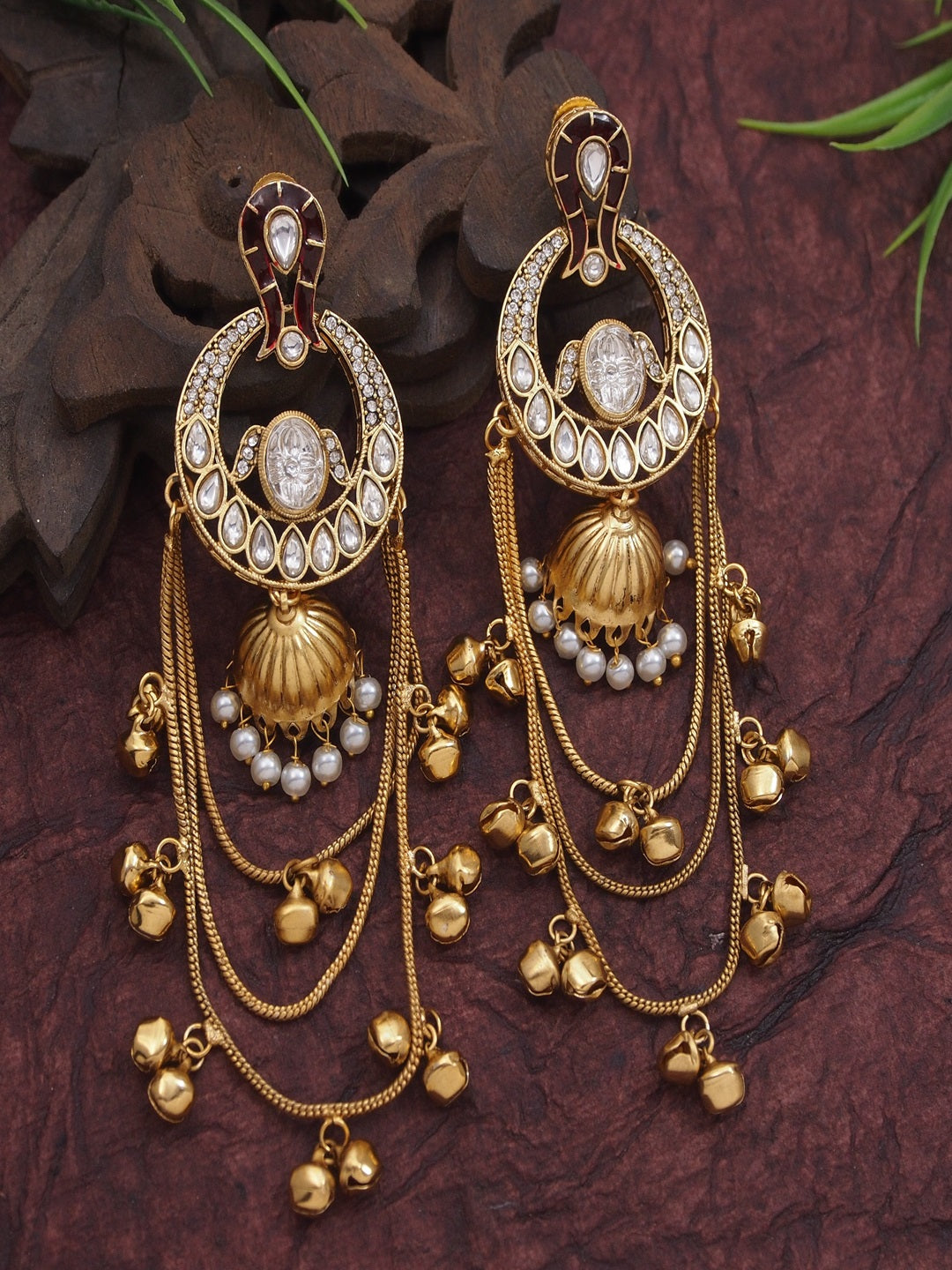 Traditional Gold-Plated Kashmiri Drop Earrings with Pearl Accents