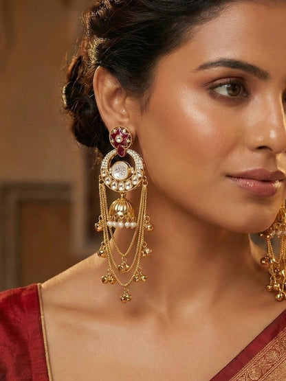 Traditional Gold-Plated Kashmiri Drop Earrings with Pearl Accents