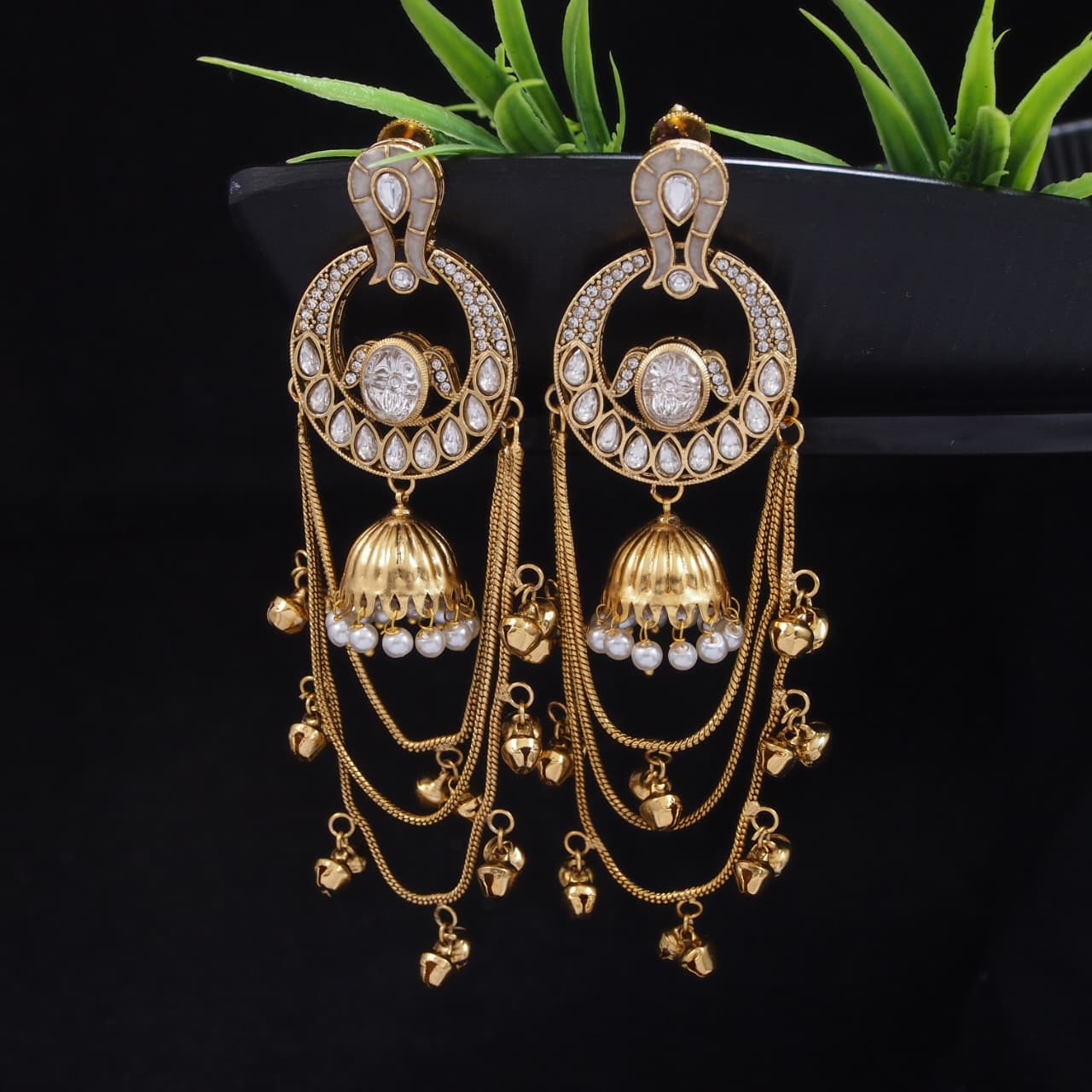 Traditional Gold-Plated Kashmiri Drop Earrings with Pearl Accents