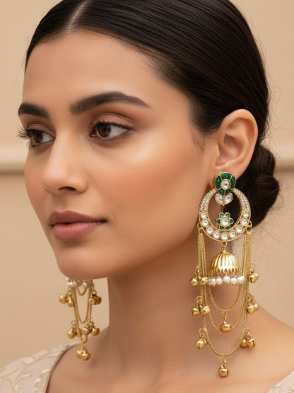 Ethnic Kashmiri Style Gold-Plated Drop Earrings with Kundan & Bell Tassels