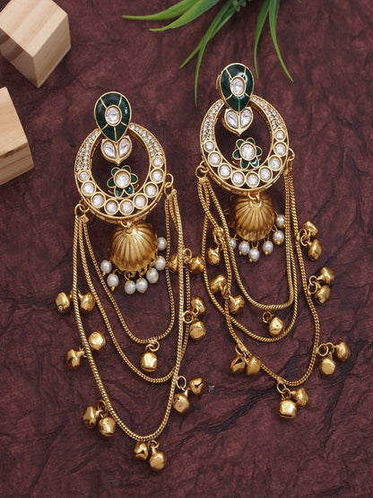 Ethnic Kashmiri Style Gold-Plated Drop Earrings with Kundan & Bell Tassels
