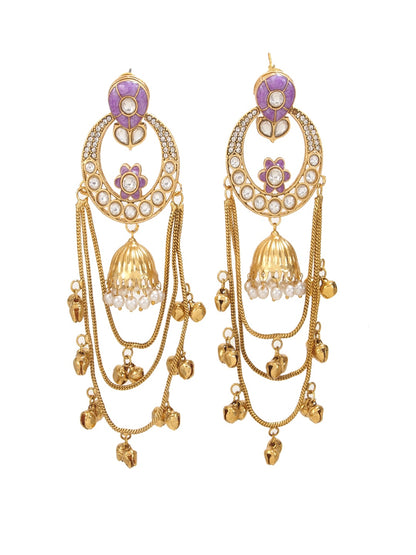 Ethnic Kashmiri Style Gold-Plated Drop Earrings with Kundan & Bell Tassels