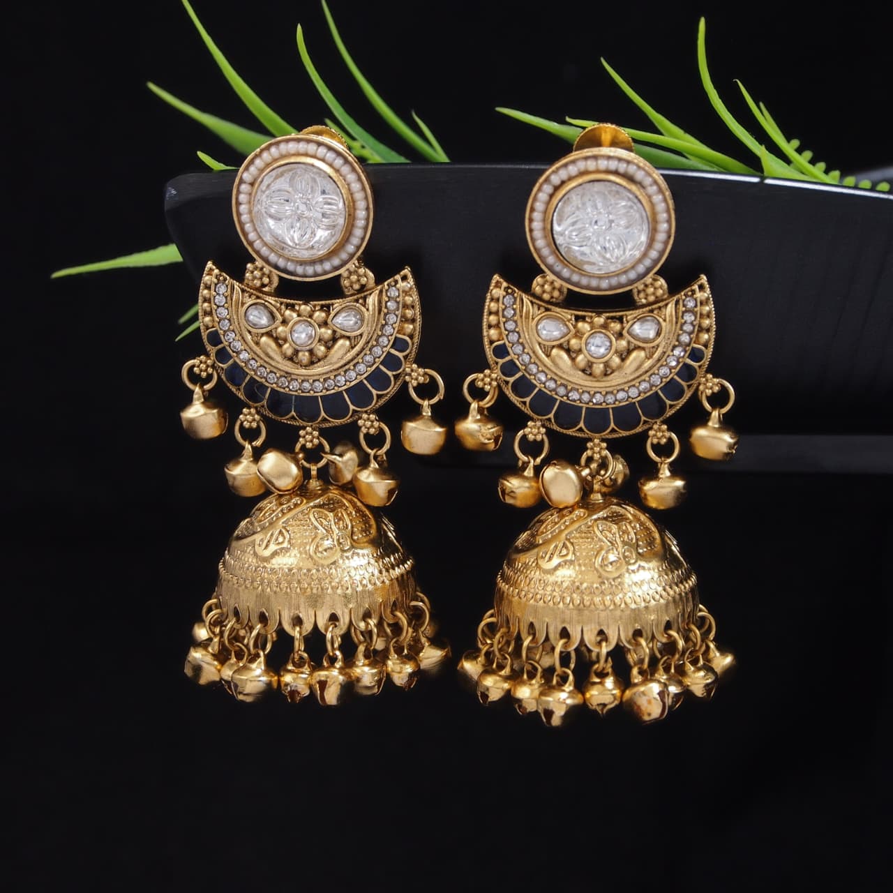 Gold-Plated Kashmiri Jhumka Earrings with Kundan Work & Ghungroo Danglers