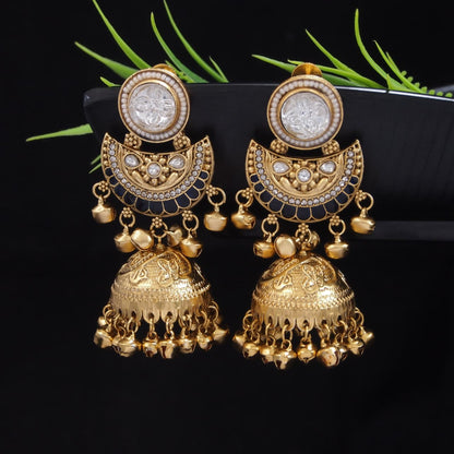 Gold-Plated Kashmiri Jhumka Earrings with Kundan Work & Ghungroo Danglers