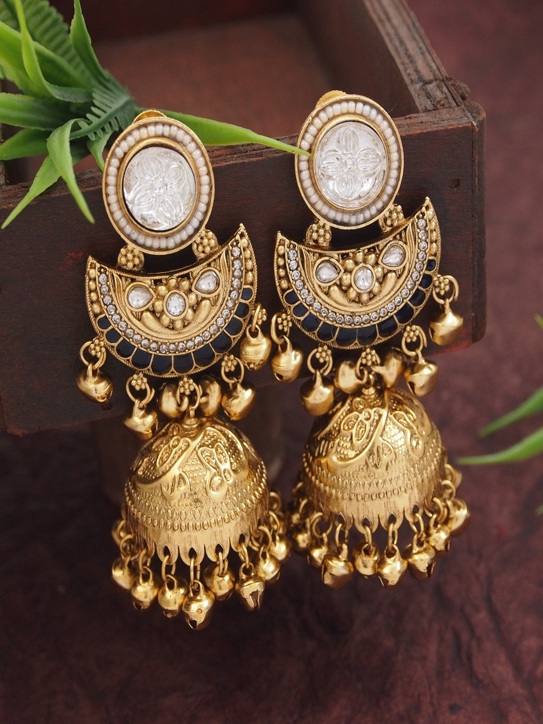 Gold-Plated Kashmiri Jhumka Earrings with Kundan Work & Ghungroo Danglers