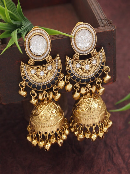 Gold-Plated Kashmiri Jhumka Earrings with Kundan Work & Ghungroo Danglers