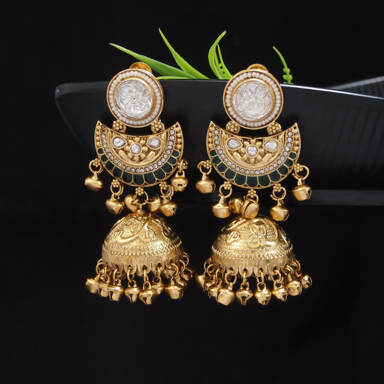 Gold-Plated Kashmiri Jhumka Earrings with Kundan Work & Ghungroo Danglers
