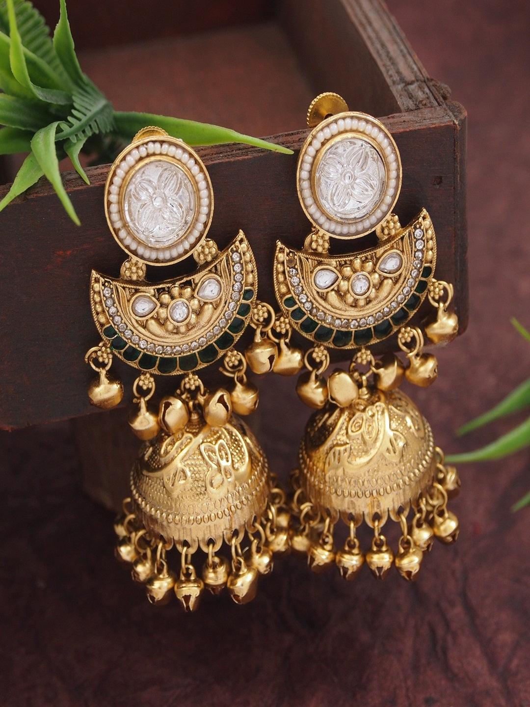 Gold-Plated Kashmiri Jhumka Earrings with Kundan Work & Ghungroo Danglers