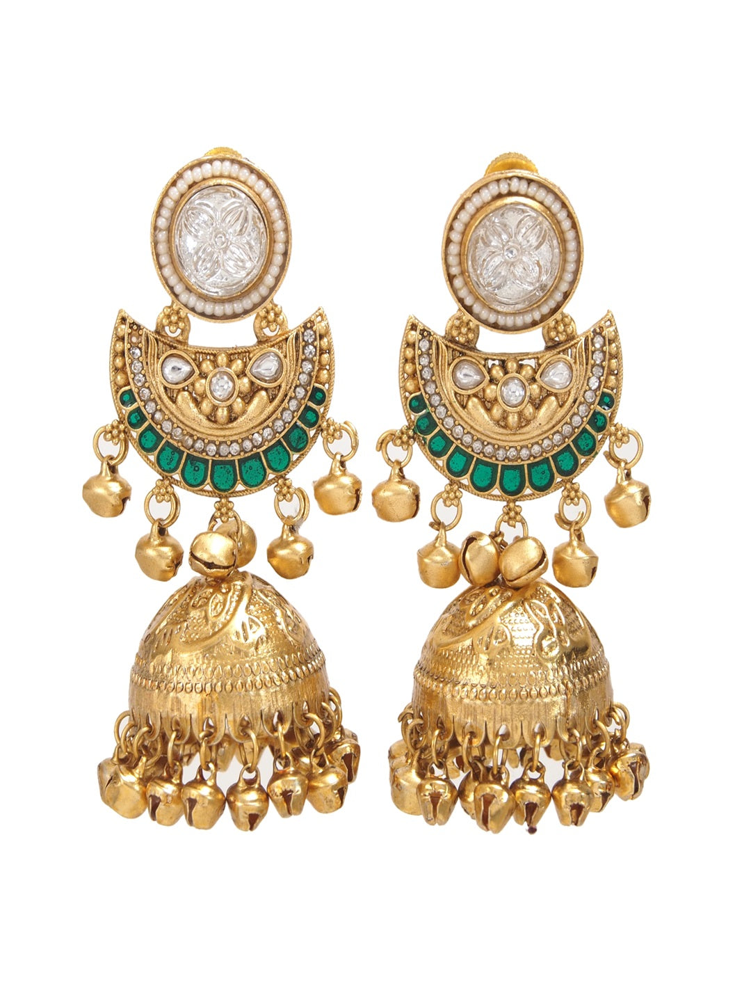 Gold-Plated Kashmiri Jhumka Earrings with Kundan Work & Ghungroo Danglers