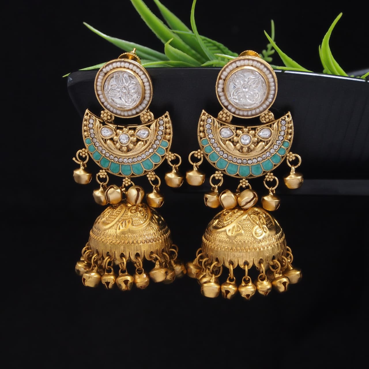 Gold-Plated Kashmiri Jhumka Earrings with Kundan Work & Ghungroo Danglers