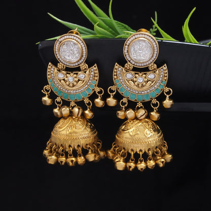 Gold-Plated Kashmiri Jhumka Earrings with Kundan Work & Ghungroo Danglers