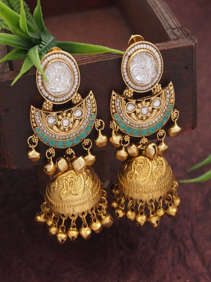 Gold-Plated Kashmiri Jhumka Earrings with Kundan Work & Ghungroo Danglers