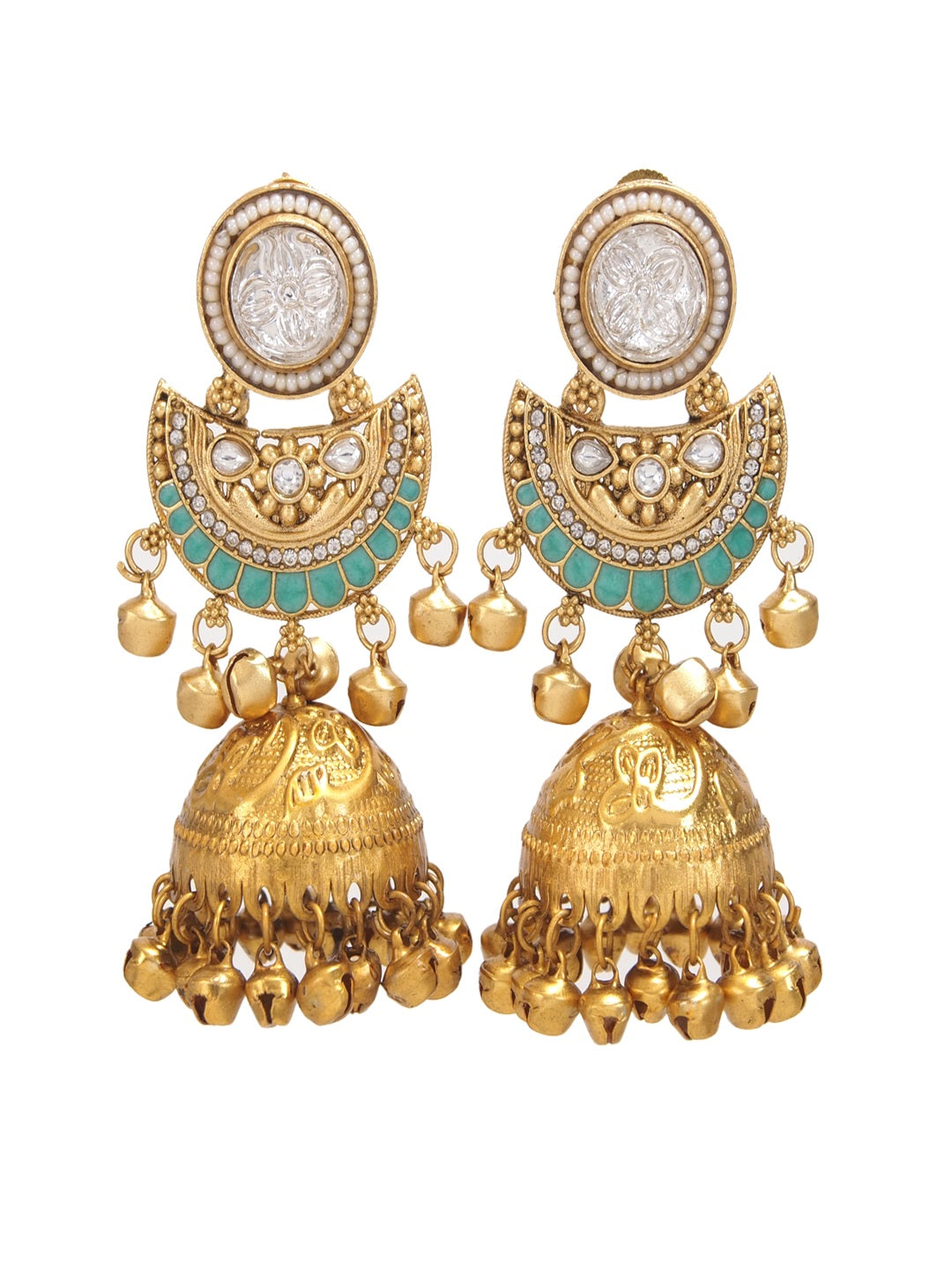 Gold-Plated Kashmiri Jhumka Earrings with Kundan Work & Ghungroo Danglers