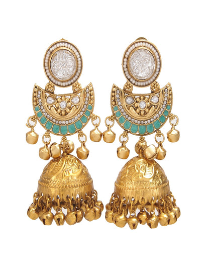 Gold-Plated Kashmiri Jhumka Earrings with Kundan Work & Ghungroo Danglers