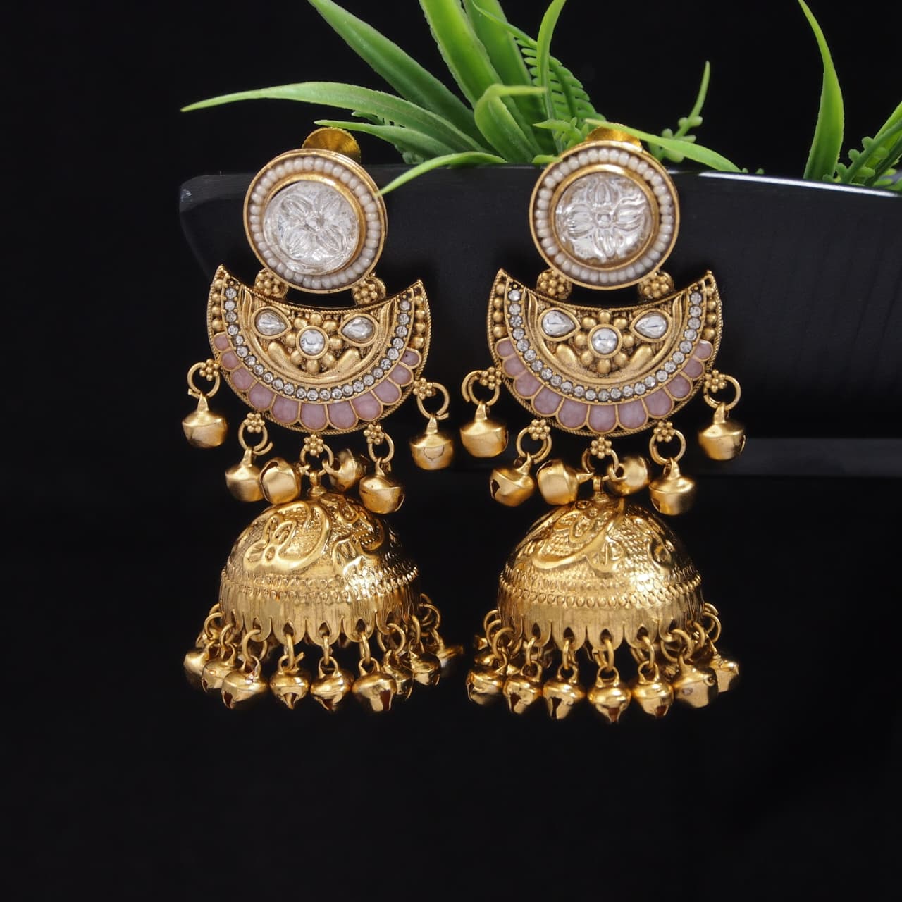 Gold-Plated Kashmiri Jhumka Earrings with Kundan Work & Ghungroo Danglers