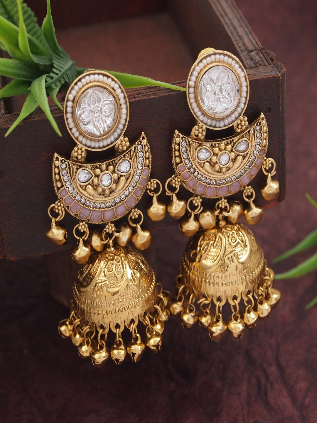 Gold-Plated Kashmiri Jhumka Earrings with Kundan Work & Ghungroo Danglers