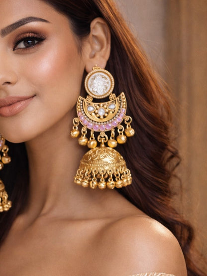 Gold-Plated Kashmiri Jhumka Earrings with Kundan Work & Ghungroo Danglers