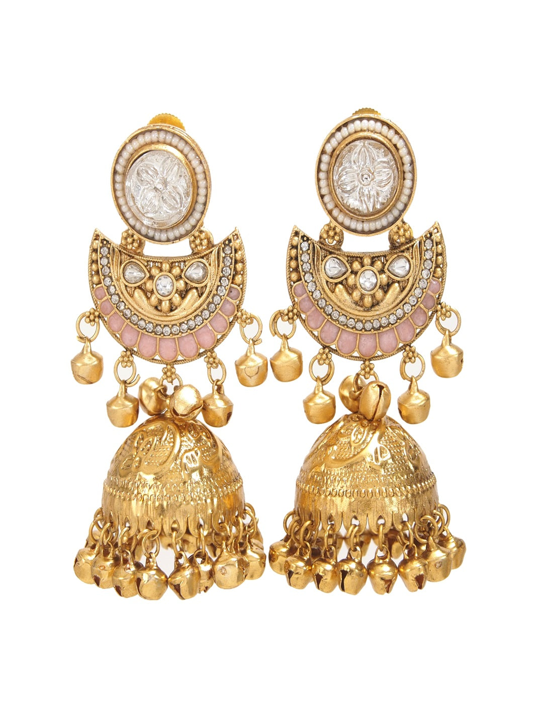 Gold-Plated Kashmiri Jhumka Earrings with Kundan Work & Ghungroo Danglers