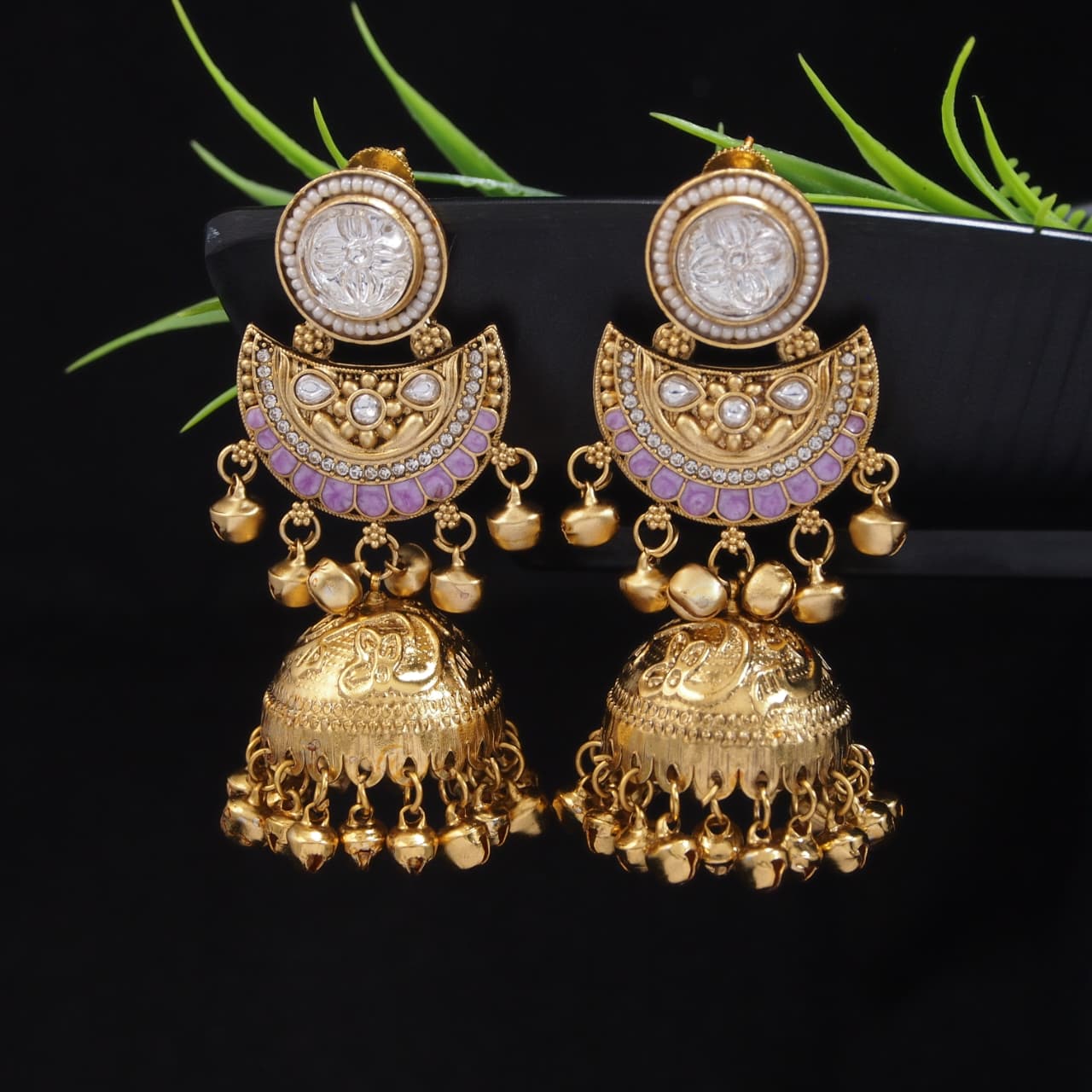 Gold-Plated Kashmiri Jhumka Earrings with Kundan Work & Ghungroo Danglers