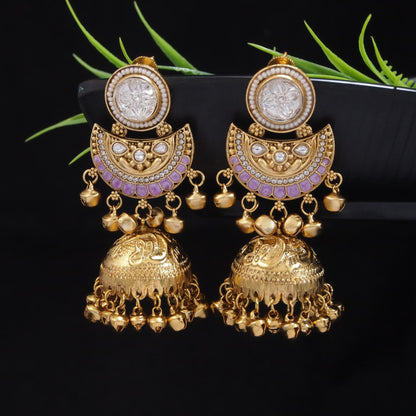 Gold-Plated Kashmiri Jhumka Earrings with Kundan Work & Ghungroo Danglers