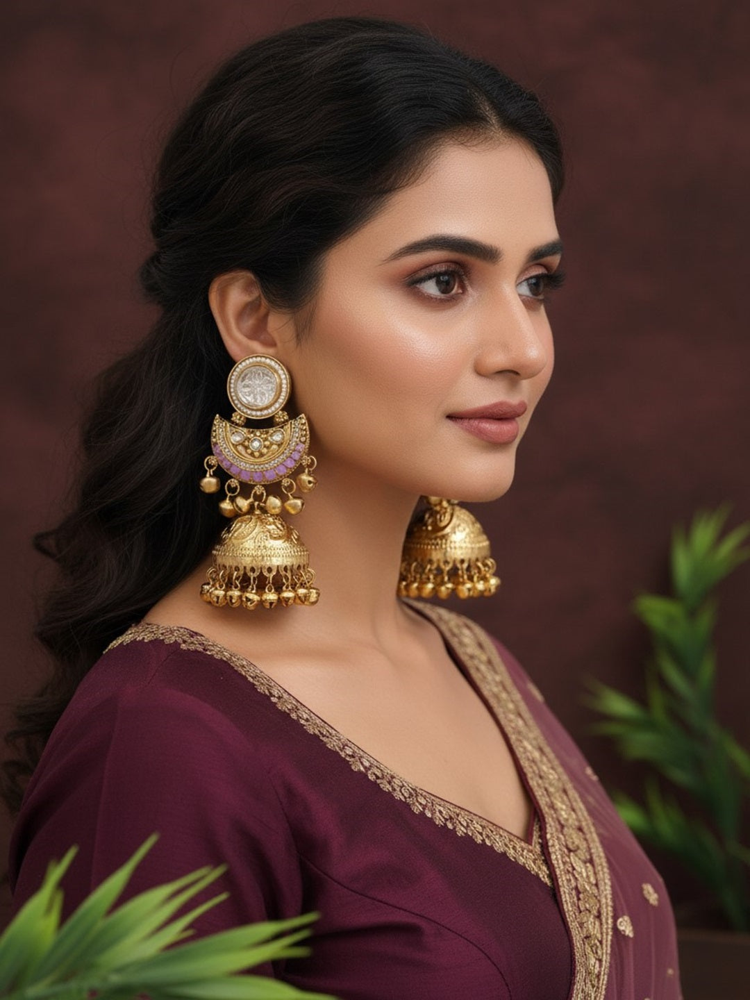 Gold-Plated Kashmiri Jhumka Earrings with Kundan Work & Ghungroo Danglers