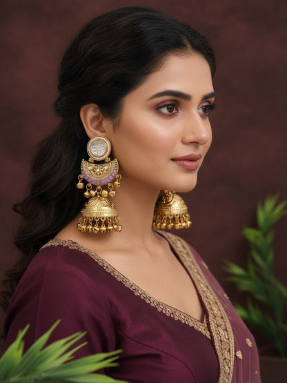 Gold-Plated Kashmiri Jhumka Earrings with Kundan Work & Ghungroo Danglers