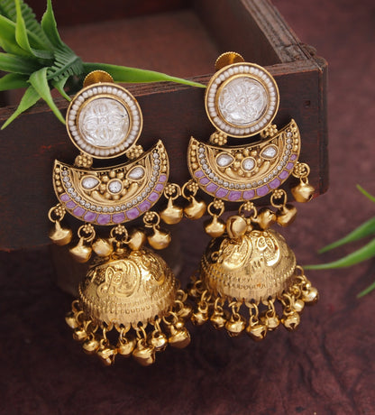Gold-Plated Kashmiri Jhumka Earrings with Kundan Work & Ghungroo Danglers