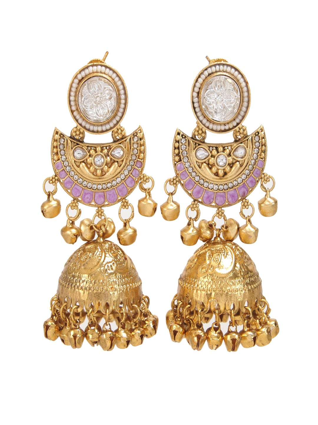 Gold-Plated Kashmiri Jhumka Earrings with Kundan Work & Ghungroo Danglers