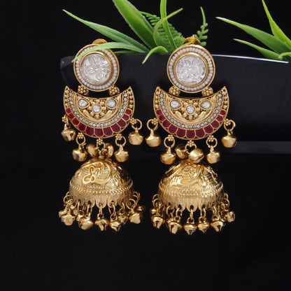 Gold-Plated Kashmiri Jhumka Earrings with Kundan Work & Ghungroo Danglers