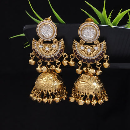 Gold-Plated Kashmiri Jhumka Earrings with Kundan Work & Ghungroo Danglers