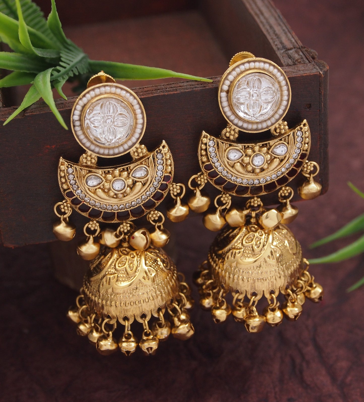 Gold-Plated Kashmiri Jhumka Earrings with Kundan Work & Ghungroo Danglers