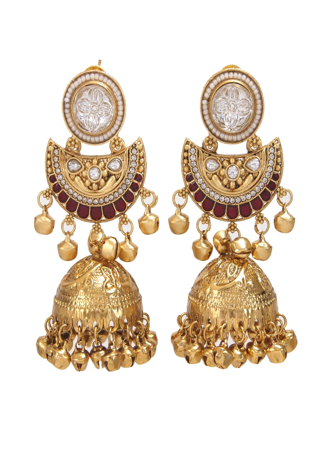 Gold-Plated Kashmiri Jhumka Earrings with Kundan Work & Ghungroo Danglers