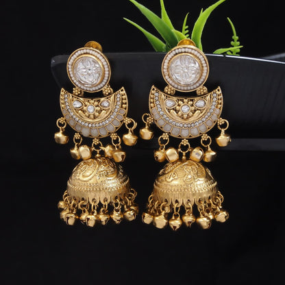 Gold-Plated Kashmiri Jhumka Earrings with Kundan Work & Ghungroo Danglers