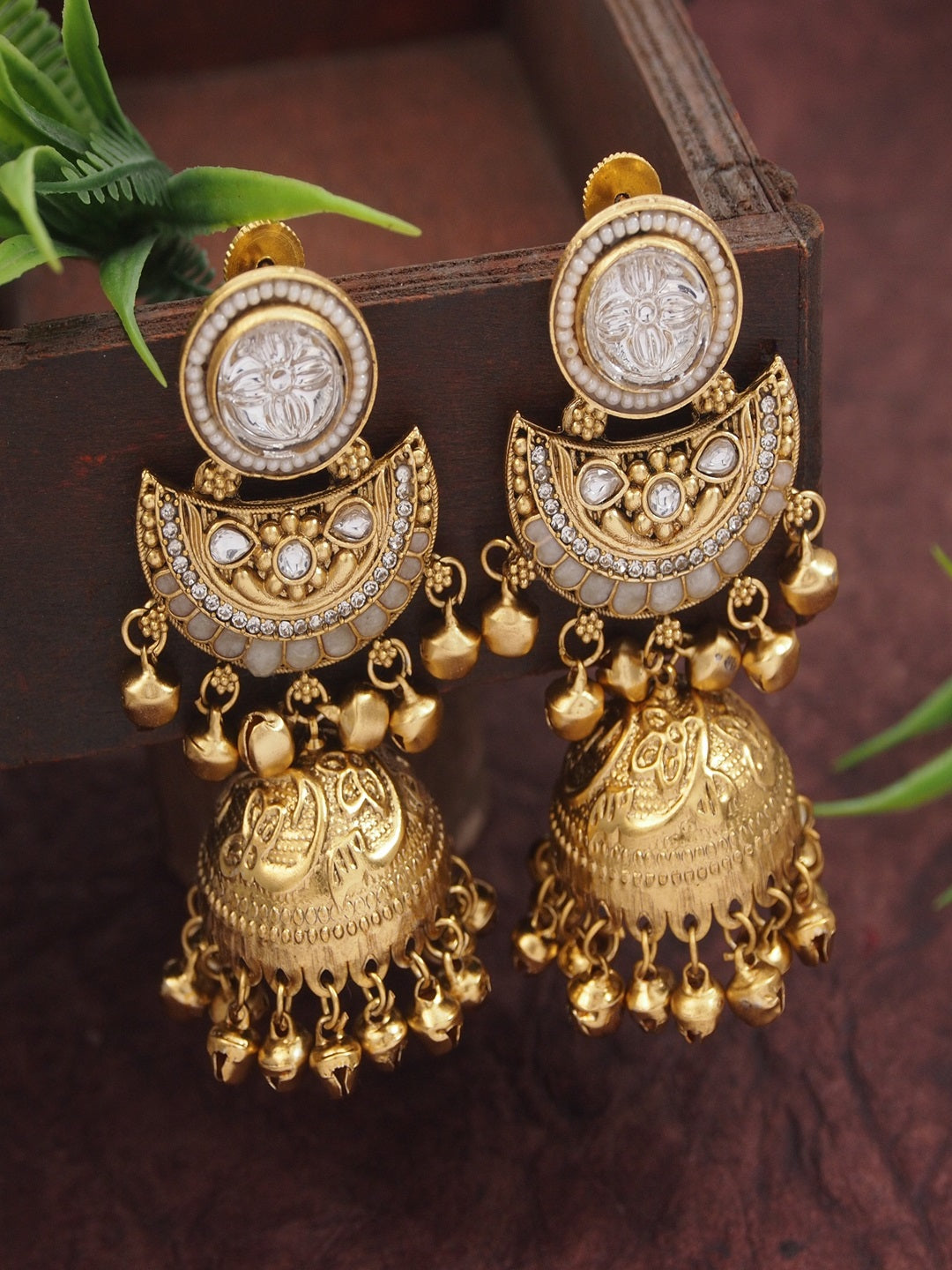 Gold-Plated Kashmiri Jhumka Earrings with Kundan Work & Ghungroo Danglers