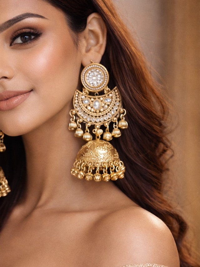 Gold-Plated Kashmiri Jhumka Earrings with Kundan Work & Ghungroo Danglers