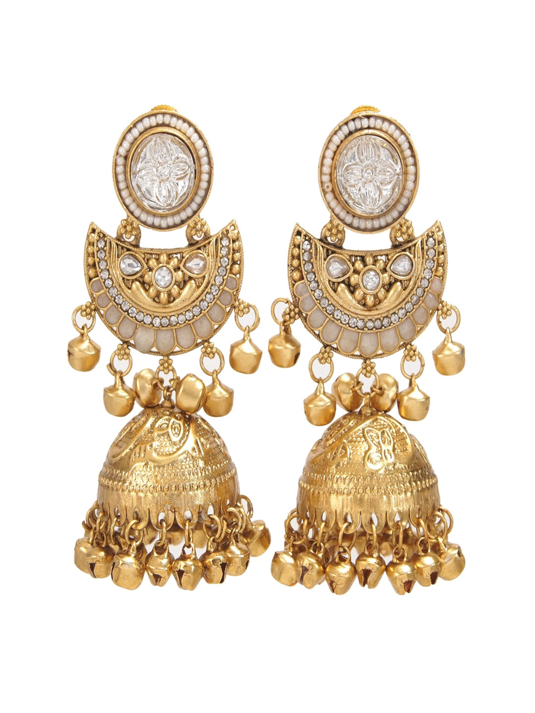 Gold-Plated Kashmiri Jhumka Earrings with Kundan Work & Ghungroo Danglers