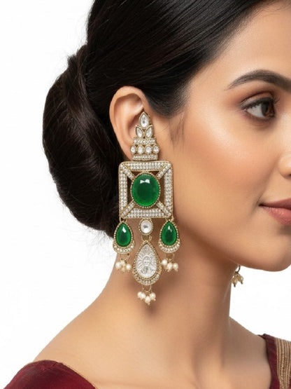 Gold-Plated Ruby-Green Stone & Pearl Drop Earrings