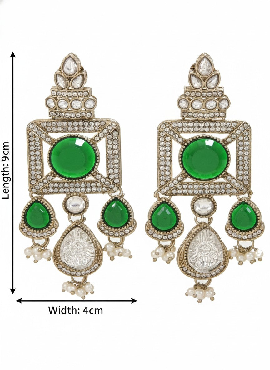 Gold-Plated Ruby-Green Stone & Pearl Drop Earrings