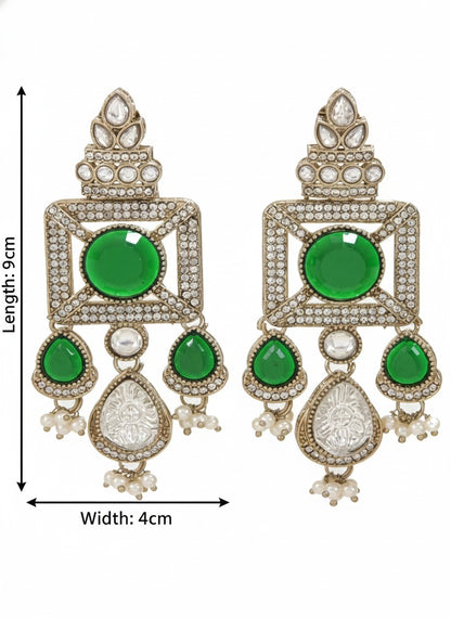 Gold-Plated Ruby-Green Stone & Pearl Drop Earrings