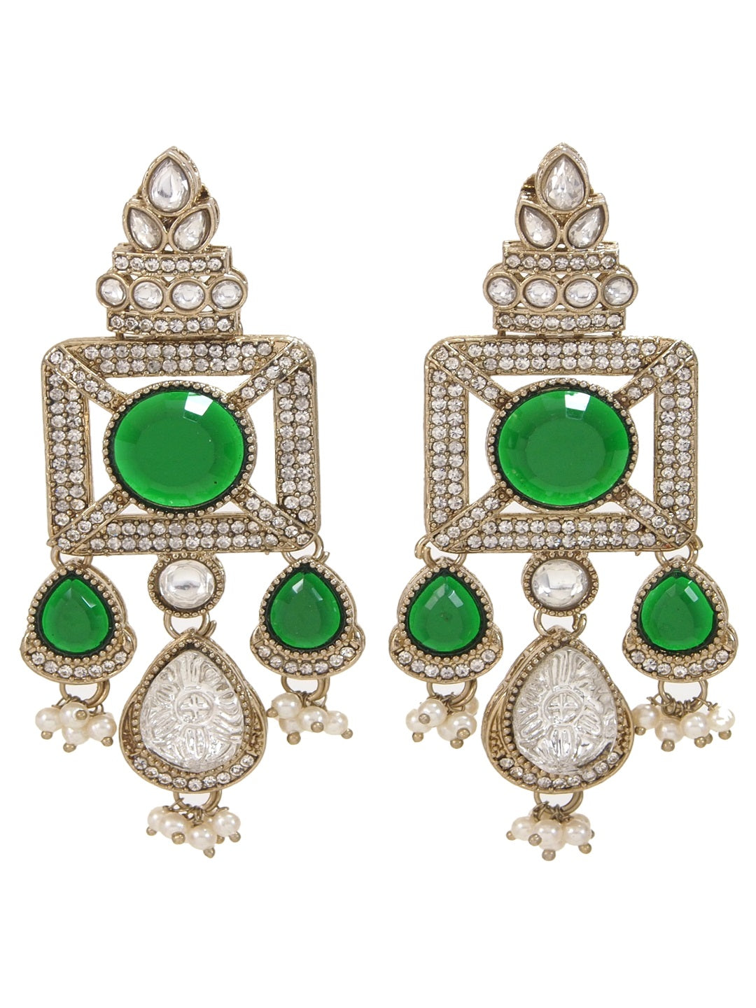 Gold-Plated Ruby-Green Stone & Pearl Drop Earrings