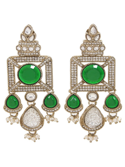 Gold-Plated Ruby-Green Stone & Pearl Drop Earrings