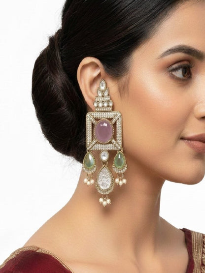 Gold-Plated Ruby-Green Stone & Pearl Drop Earrings