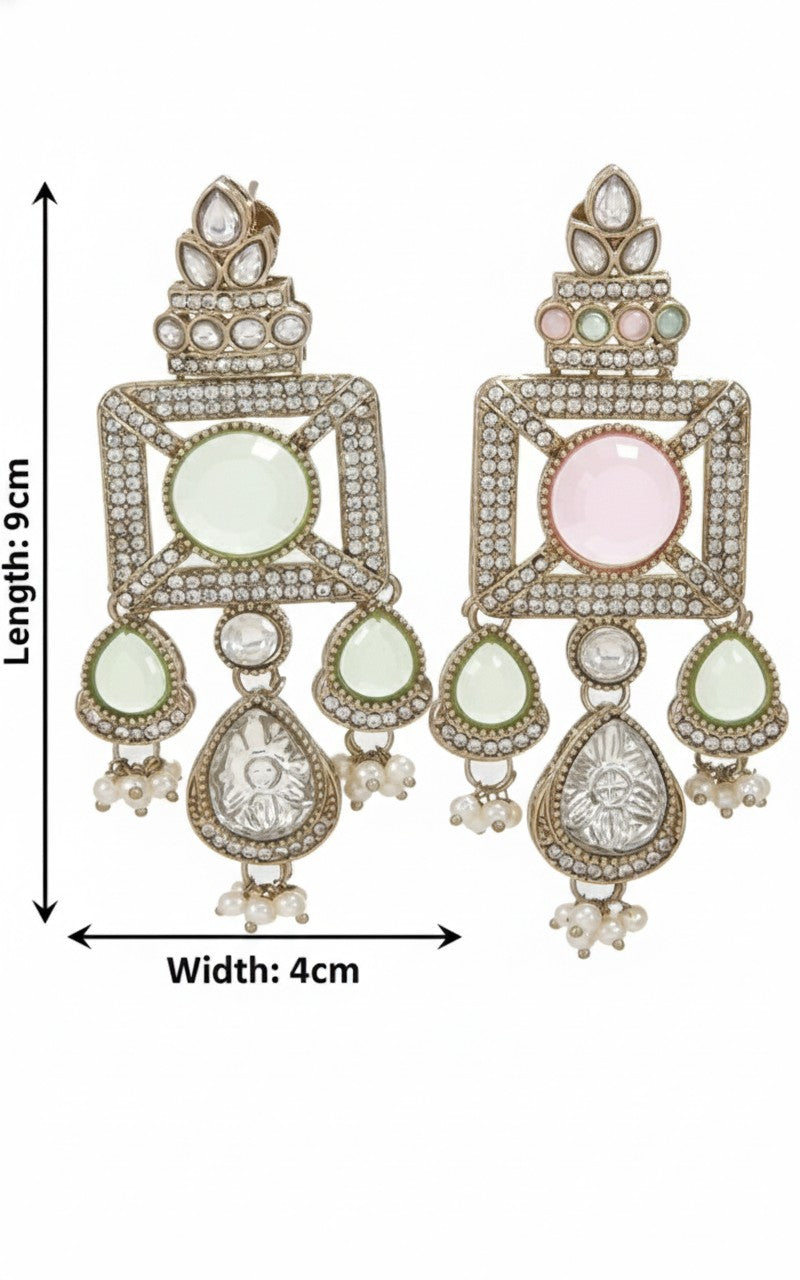 Gold-Plated Ruby-Green Stone & Pearl Drop Earrings