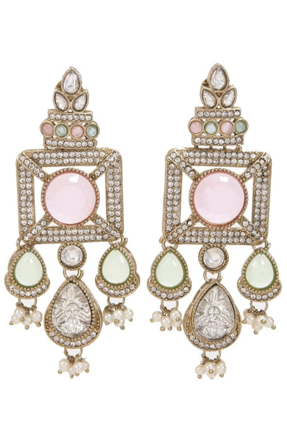 Gold-Plated Ruby-Green Stone & Pearl Drop Earrings