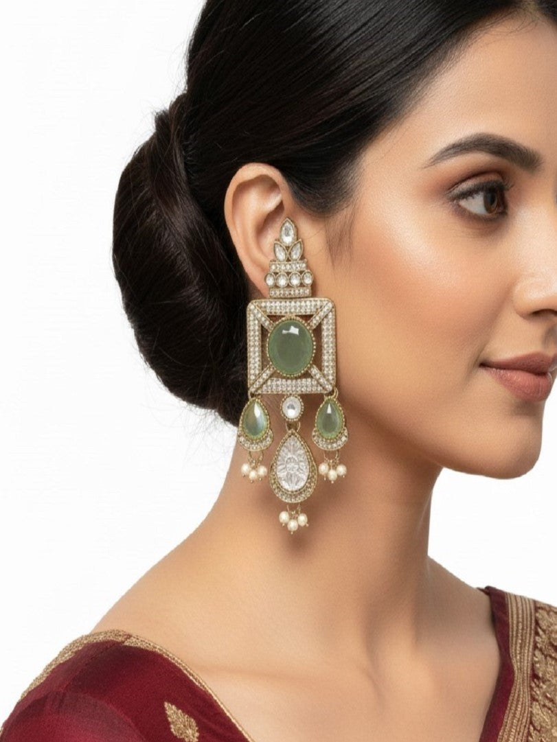 Gold-Plated Ruby-Green Stone & Pearl Drop Earrings
